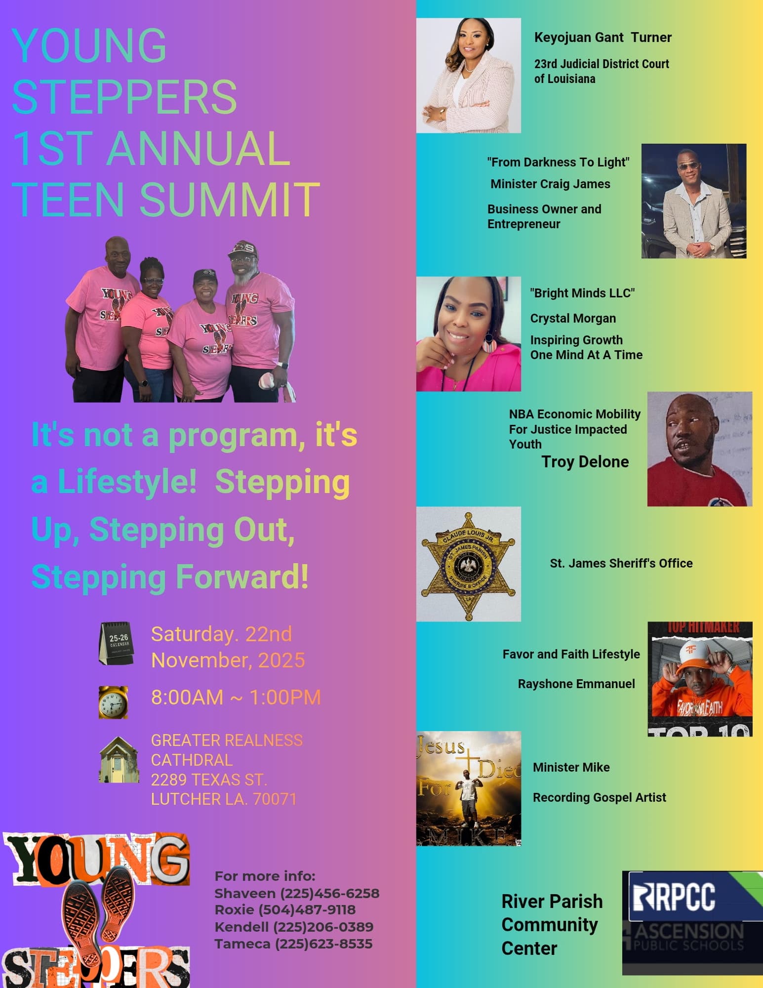 Young Steppers 1st Annual Teen Summit event flyer featuring guest speakers